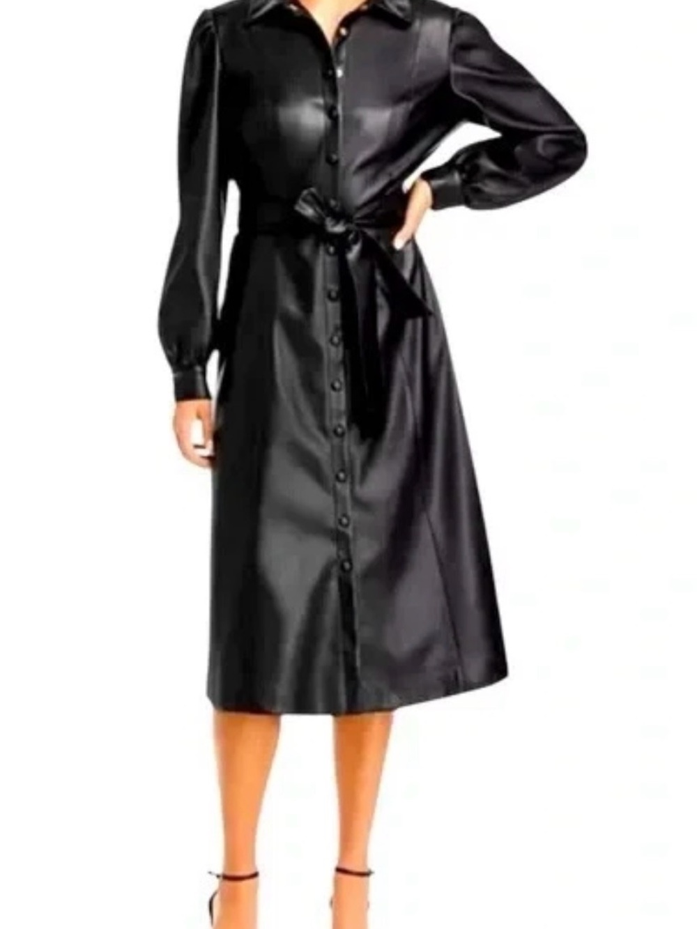 Evereve Black Vegan Leather Button-Front Midi Shirt Dress with Tie Waist